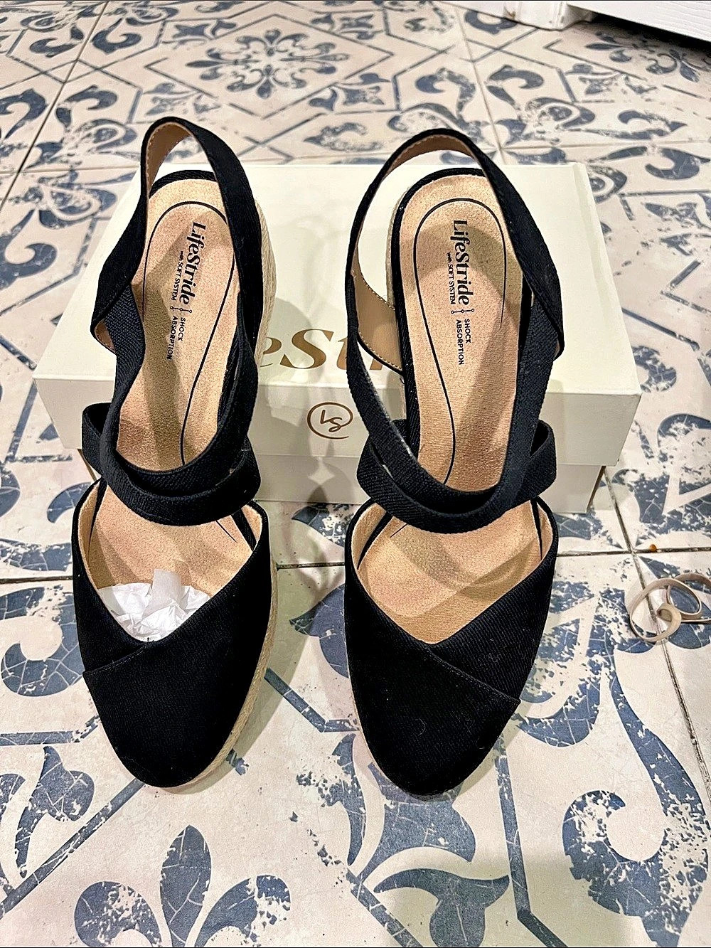 LifeStride Kimball Espadrille Wedge Black & Tan Sandals US 8 M